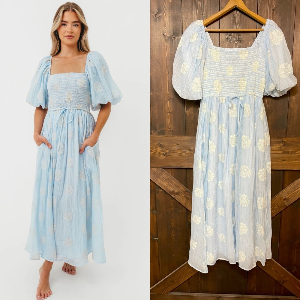 Worth Collective Aimee Smocked Embroidered Floral Midi Dress in Blue Size Medium